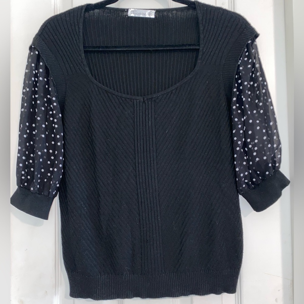 89th & Madison‎ Black Sweater with Sheer Polka Dot Sleeves